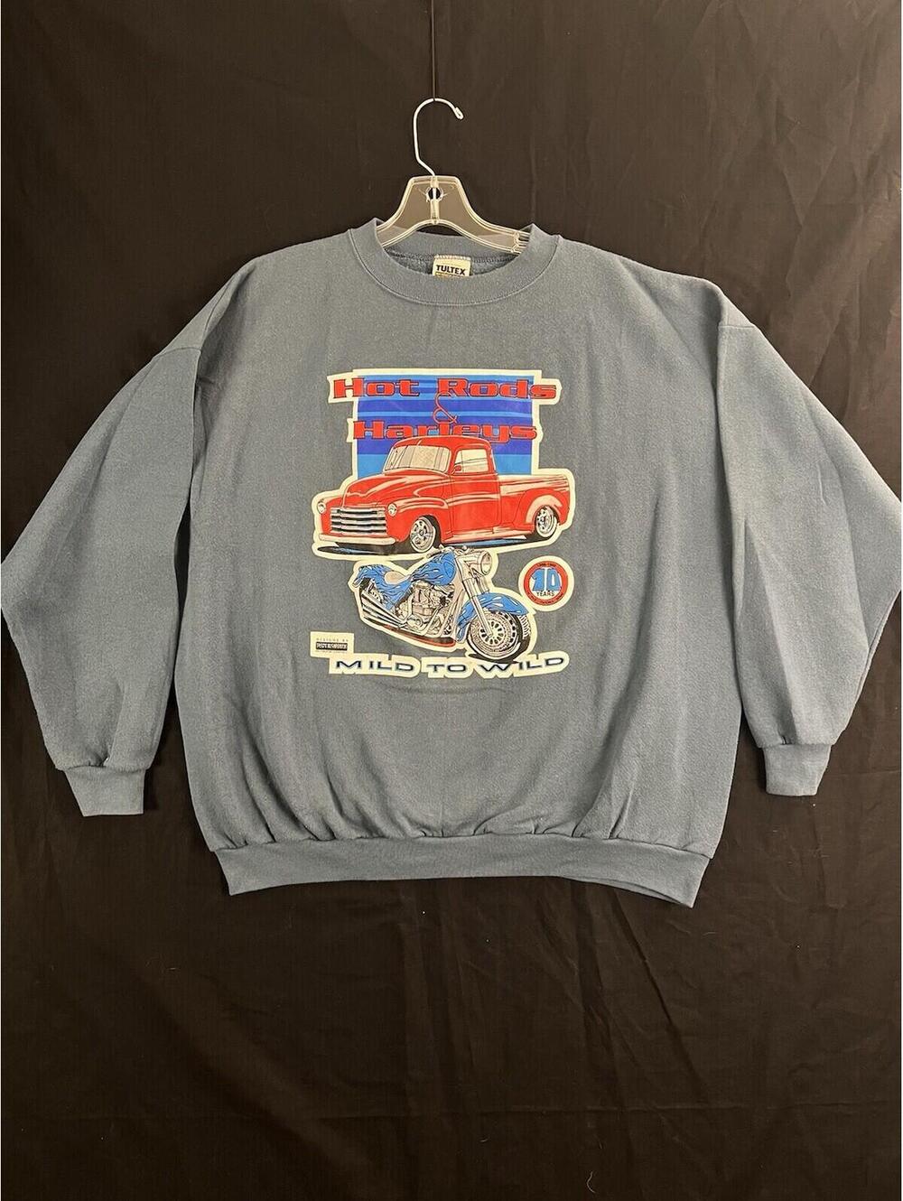 Vtg Hotrods Harleys Sweatshirt Mild To Wild Mens 2XL Davidson Grey Blue Rushford
